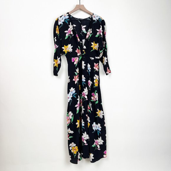 Zara Floral Maxi Dress Plunge Front V-Neck Pleated Pockets Wedding Guest Travel - Picture 7 of 13